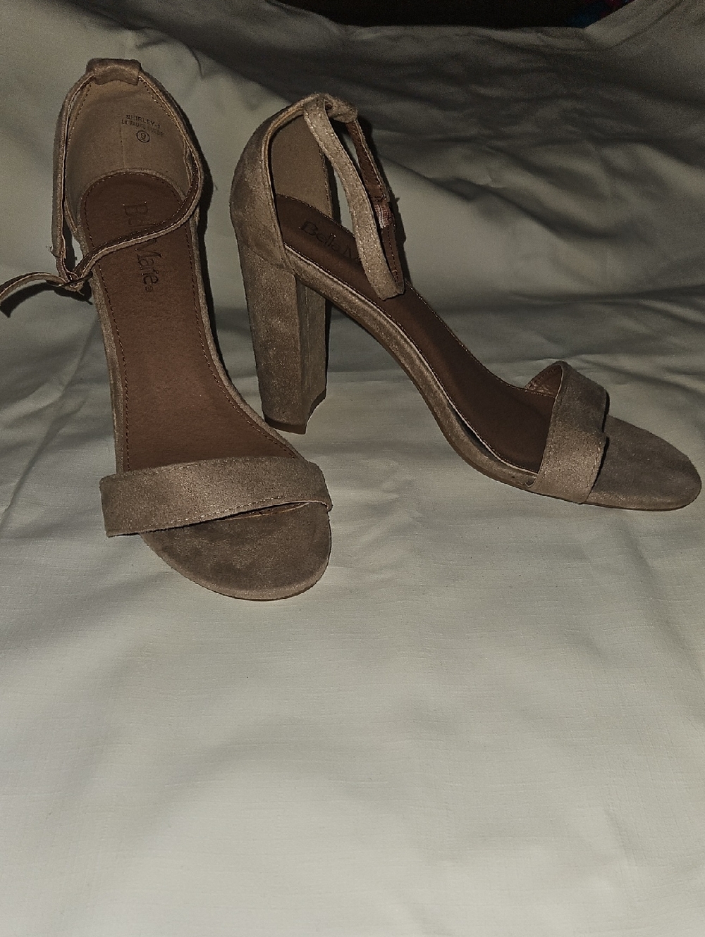 Bella Marie Suede Block Heel Ankle-Strap Sandals in Taupe